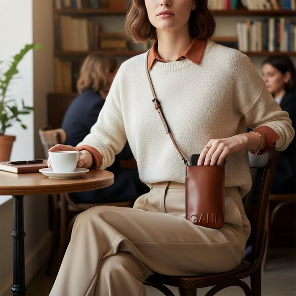 Ganni Deep Madder Brown Leather Shoulder Bag + Bag 20" Shoulder Strap Drop - Picture 9 of 10